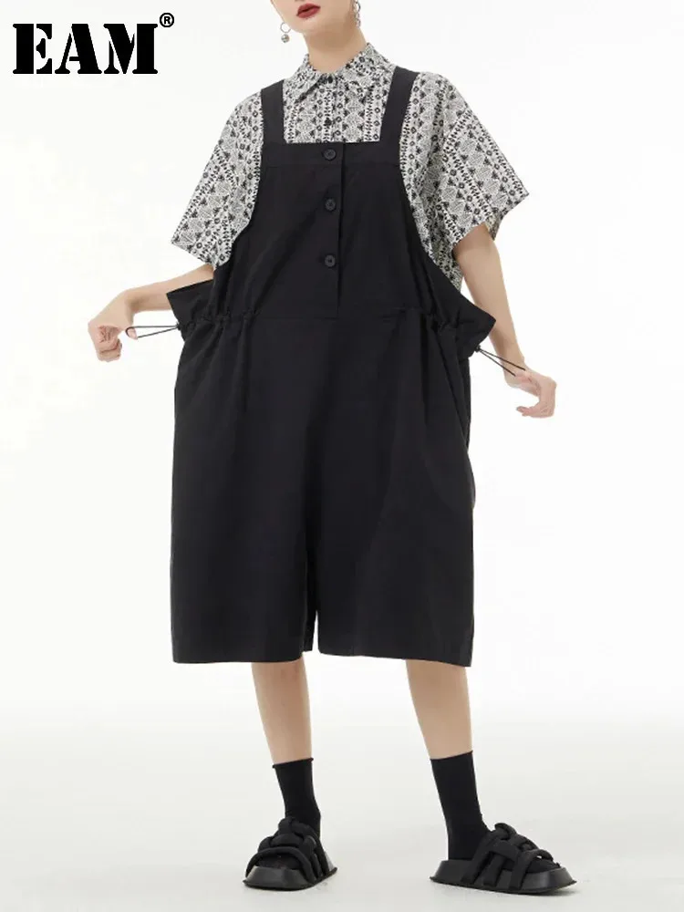 [EAM] High Waist Black Drawstring Long Overalls Pants New Loose Fit Trousers Women Fashion Tide Spring Autumn 2024 1DF7620