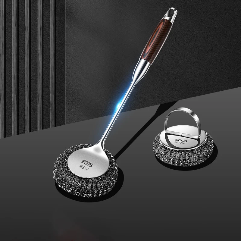 304 Stainless Steel Pot Brush Long Handle Steel Wire Cleaning Brush Detachable Steel Wool Ball Suitable for Kitchen Dishwashing
