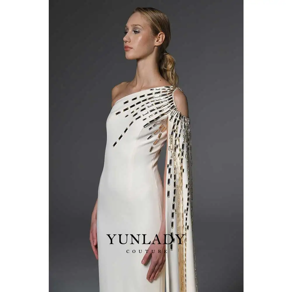 YUNLAN Gorgeous UAE Beige One Shoulder Sleeve Rhinestone Maxi Dress 2024 Women Special Occasion Cape Sleeve Party Evening Dress