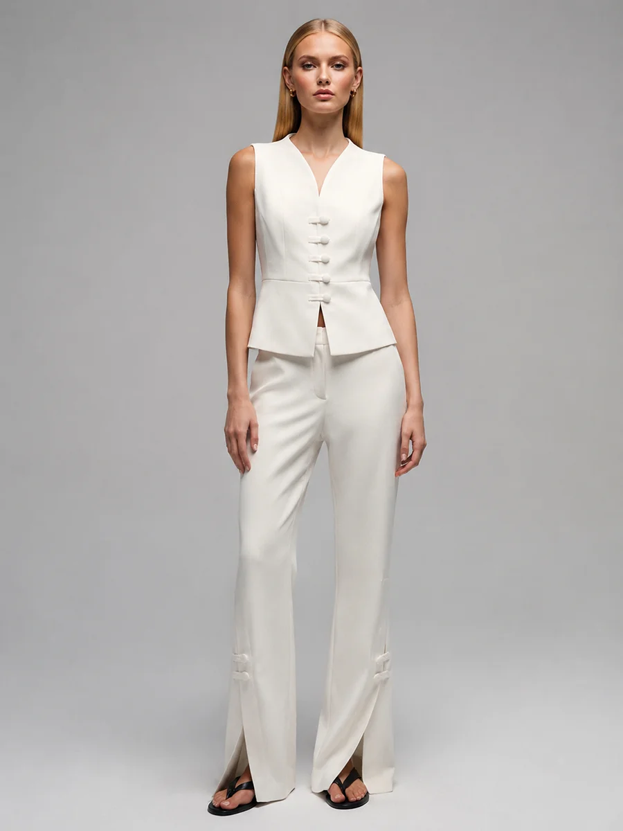 LIMO Women White Chinese Frog Button Sleeveless Vest  Suit  Waist Flare Pants Elegant Office Formal Matching Outfit Set