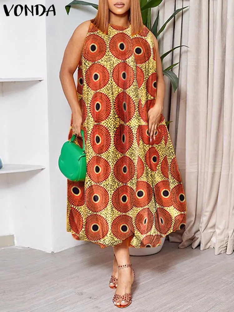 Plus Size 5XL VONDA Summer Sleeveless Long Dress Women Bohemian Vestido 2024 Fashion Loose Casual Printed Midi Sundress Robe