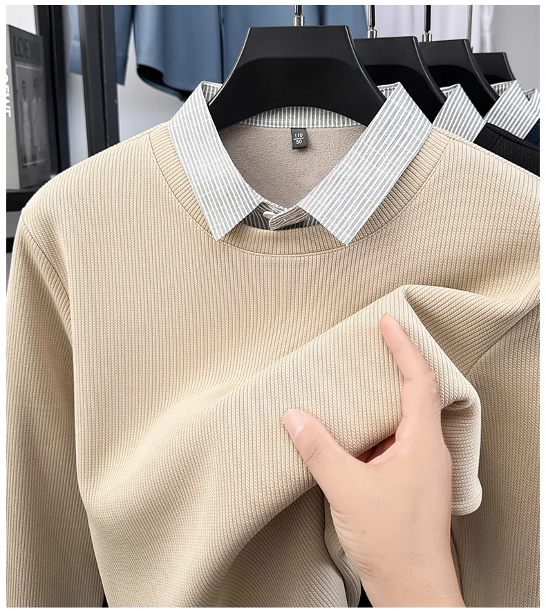 

Men's Fake Two-piece Knitted Shirt Spring and Autumn Business Casual Shirt Collar Long Sleeved Base Shirt Top Layered on Top