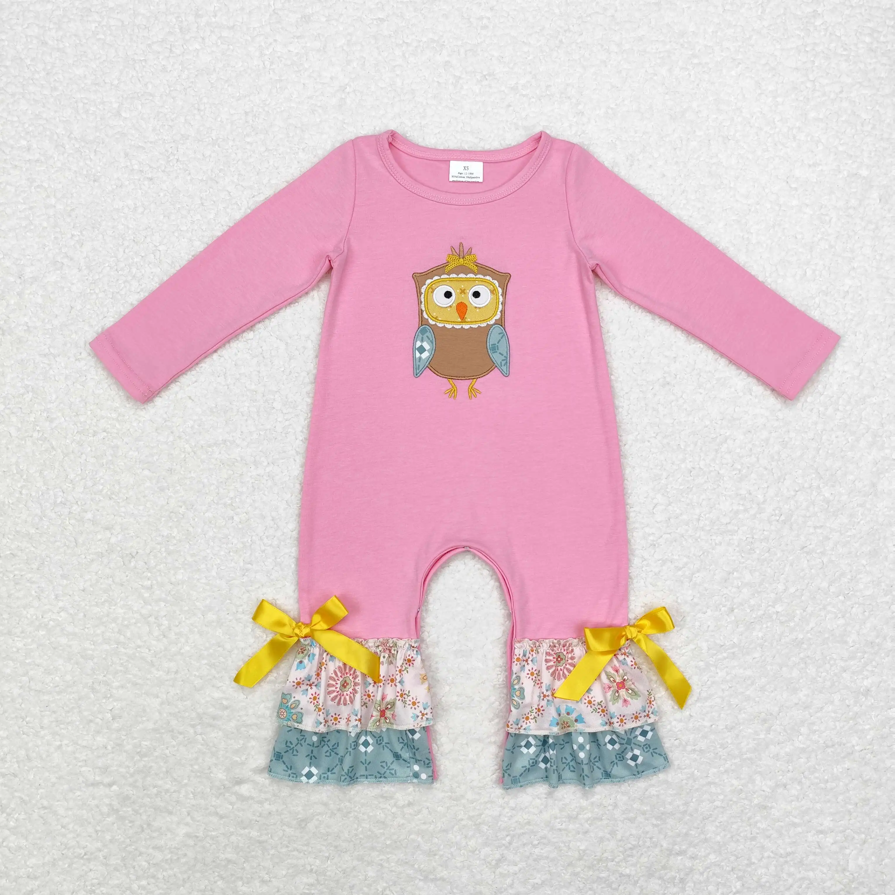 LR0494 Good Quality Baby Girl Clothes Long Sleeves Embroidery Owl Lace Pink Print With Jumpsuit Children Clothes Rts No Moq