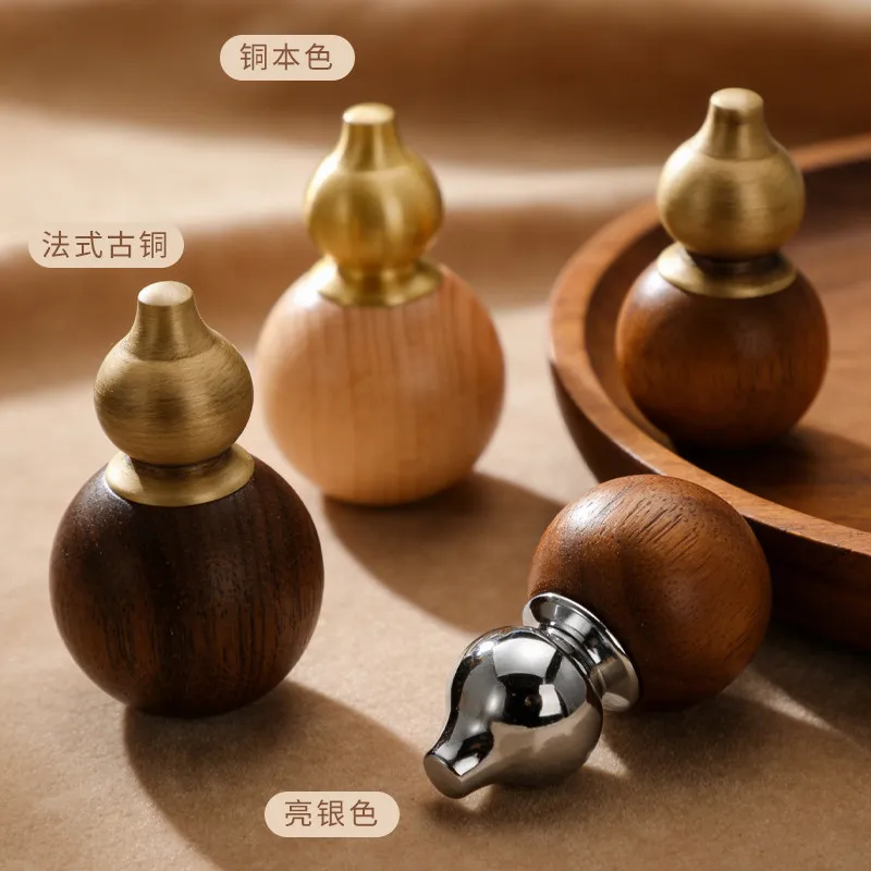 Gourd-Shaped Black Walnut Brass Handle Light Luxury Solid Wood Furniture Pulls for Wardrobe Doors Drawers Cabinet Doors