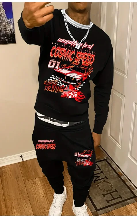 

2025 New Print Men's Two-piece Trendy Clothing Printed Hoodie Two-piece Sweater Trousers Sweatshirt and Jogging Pants Set