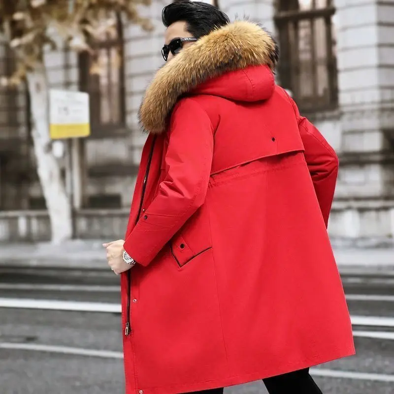 red Parker Men\'s Imitation Fur Liner Winter Warm New Fur One-piece Coat Imitation Mink Fleece Mid-length Fur Coat