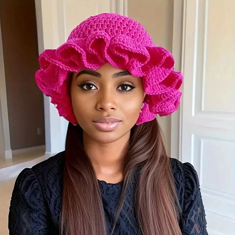 المرأة شيك الكروشيه دلو قبعة لطيف تكدرت حافة قبعة مرنة بسط متماسكة قبعة صياد مع متعة الدانتيل التفاصيل #2