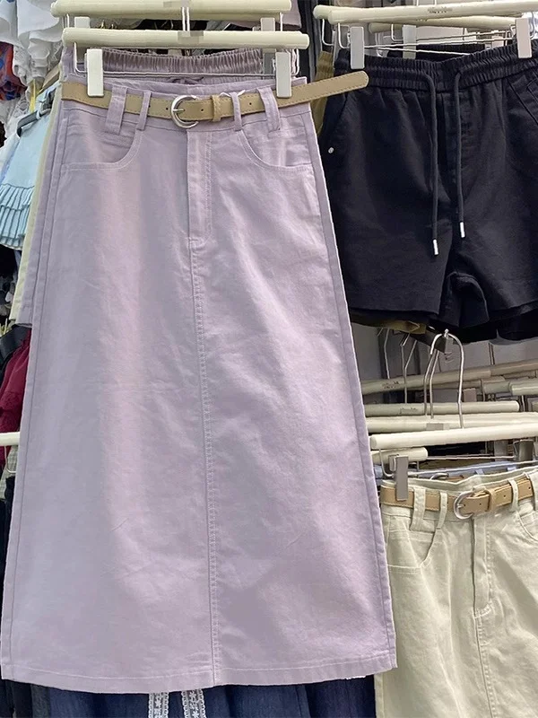 

Джинсовая юбка трапециевидной формы средней длины с высокой талией, женская свободная повседневная хлопковая юбка с разрезом на талии, весенняя новая фиолетовая юбка для тела