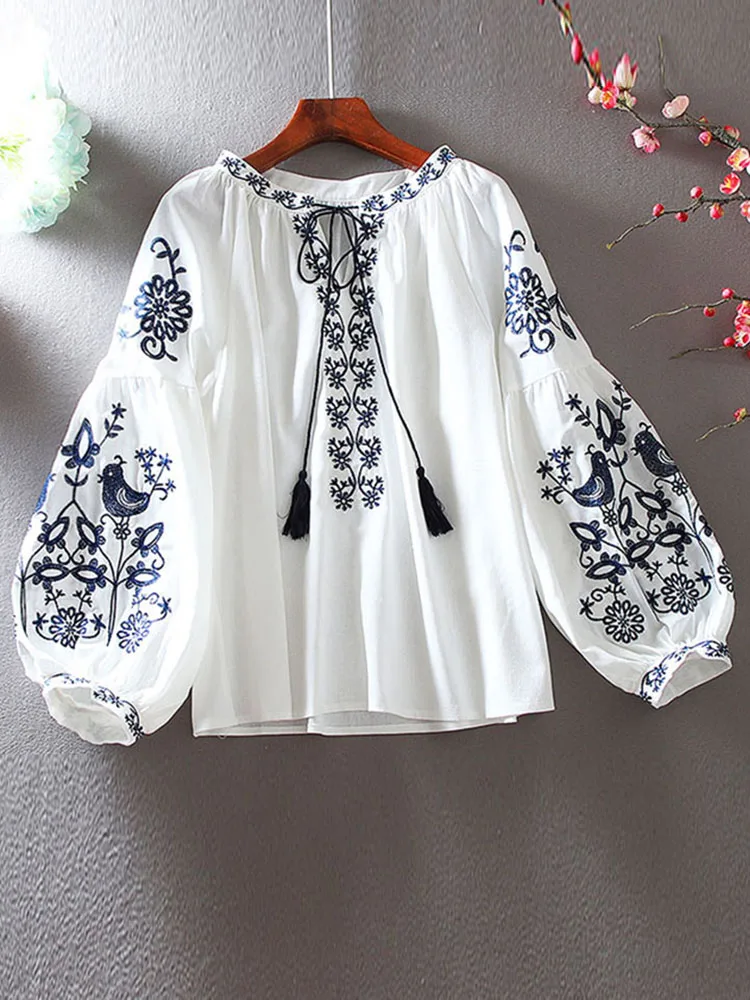 

New Women's Retro Blouse National Style Embroidered Lace-Up Tassel V-Neck Lantern Sleeve Tops Loose Casual Female Shirt A28