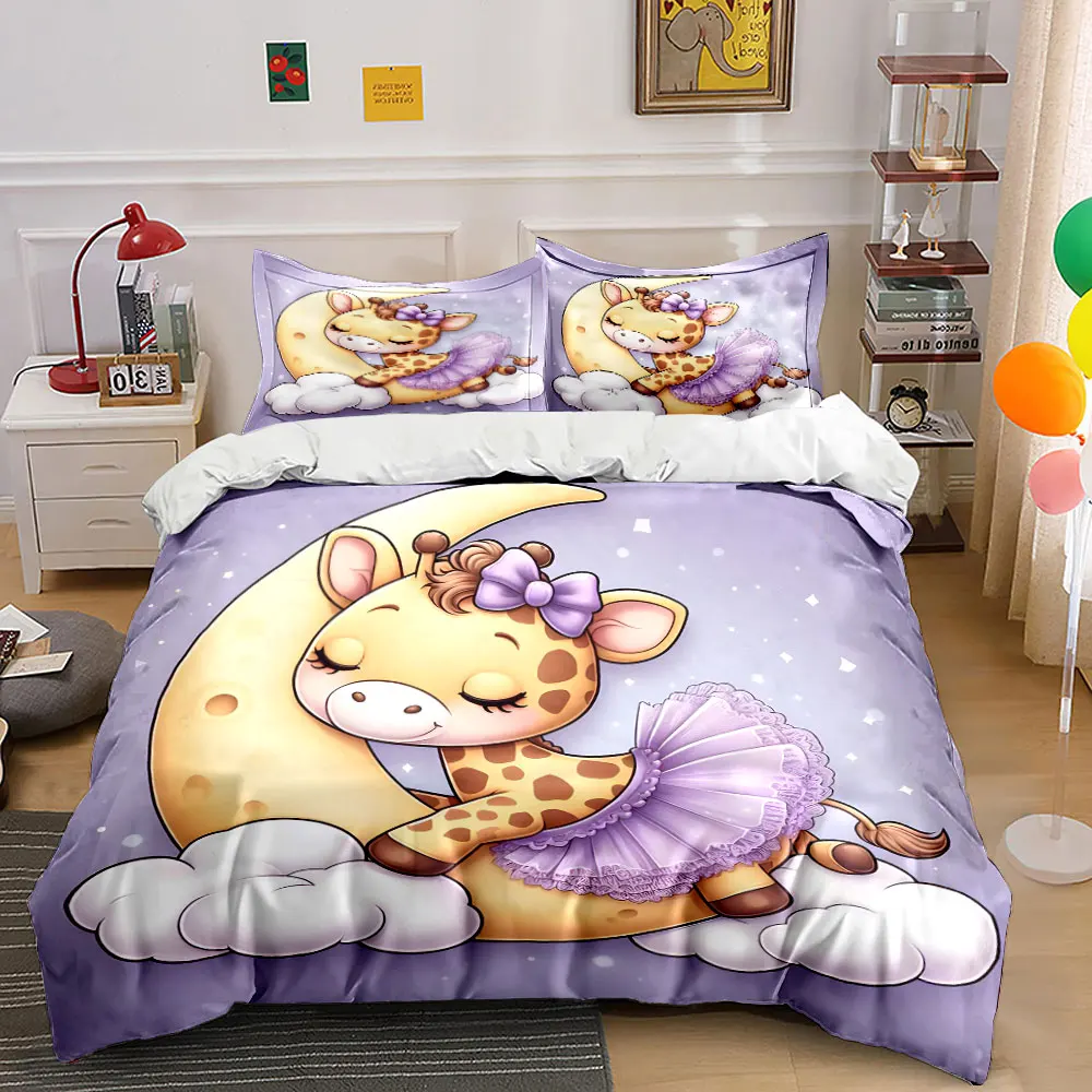 Cute giraffe moon and clouds cartoon Print Bedding Set 1 Duvet Cover 2 Pillowcases for Adult and Children Luxury Gift Full Size