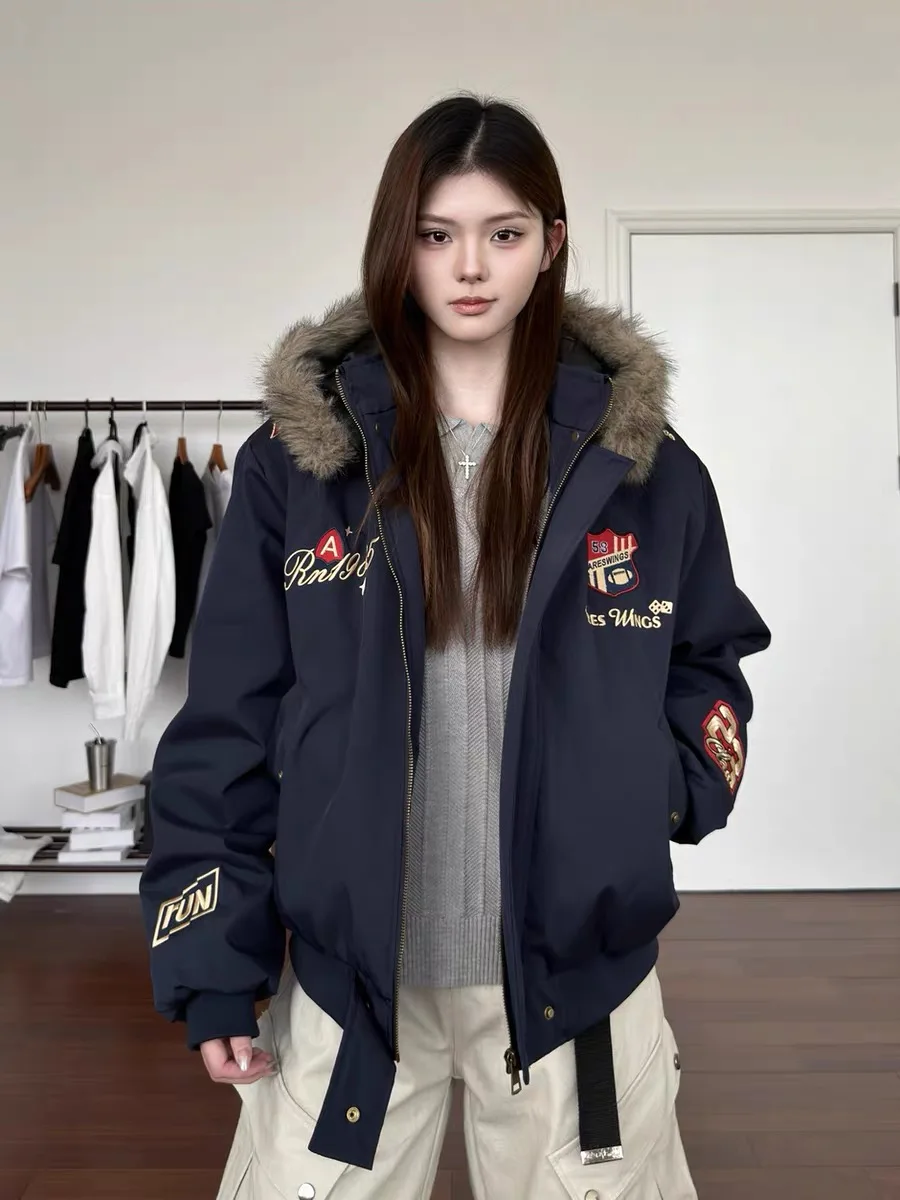 

Thiened Cotton Jaet with Hood American Embroidery Bae Men's Casual Warm Outerwear for Autumn And Winter Versatile Sle