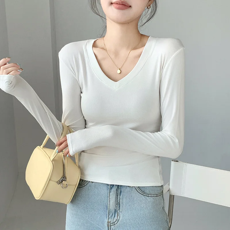 Essential V-Ausschnitt Damen Slim Fit Top Einfarbig Langarm Unterziehshirt Dehnbar Gemütlich Vielseitig Herbst Winter T-Shirt – Detail 6
