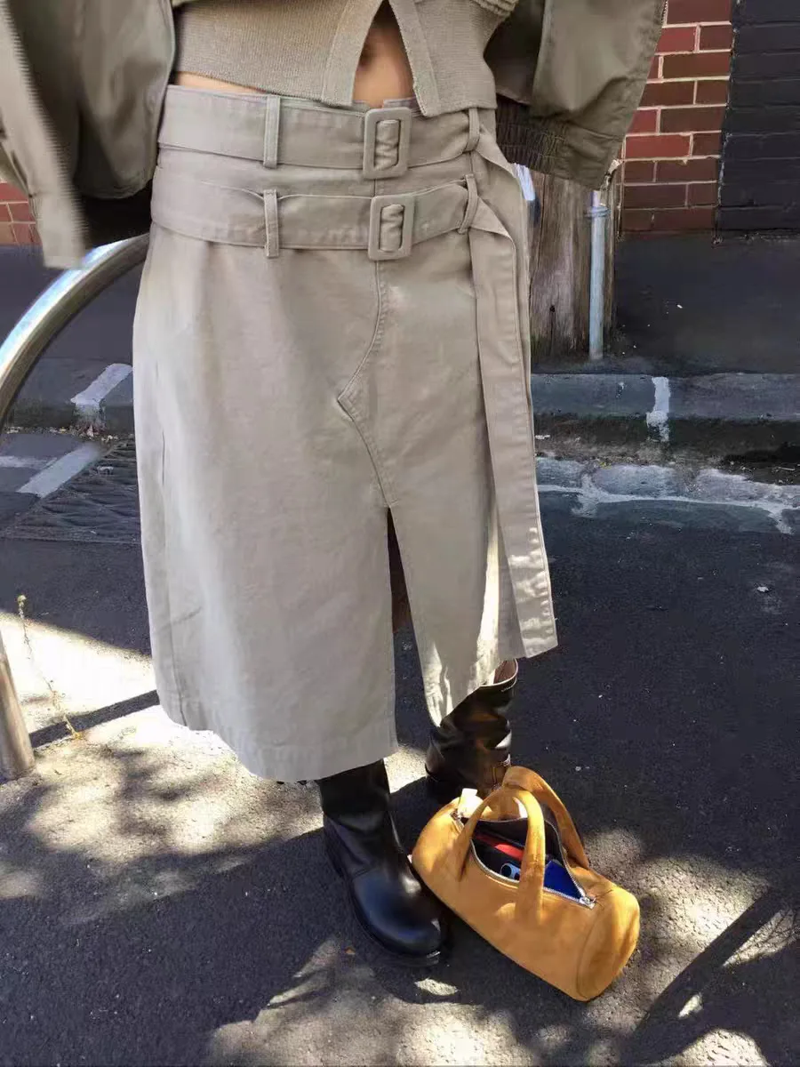 

Юбка А-силуэта с высокой талией для работы, женская офисная юбка с двойным поясом, асимметричный дизайн, эффект похудения, Dongda Gate