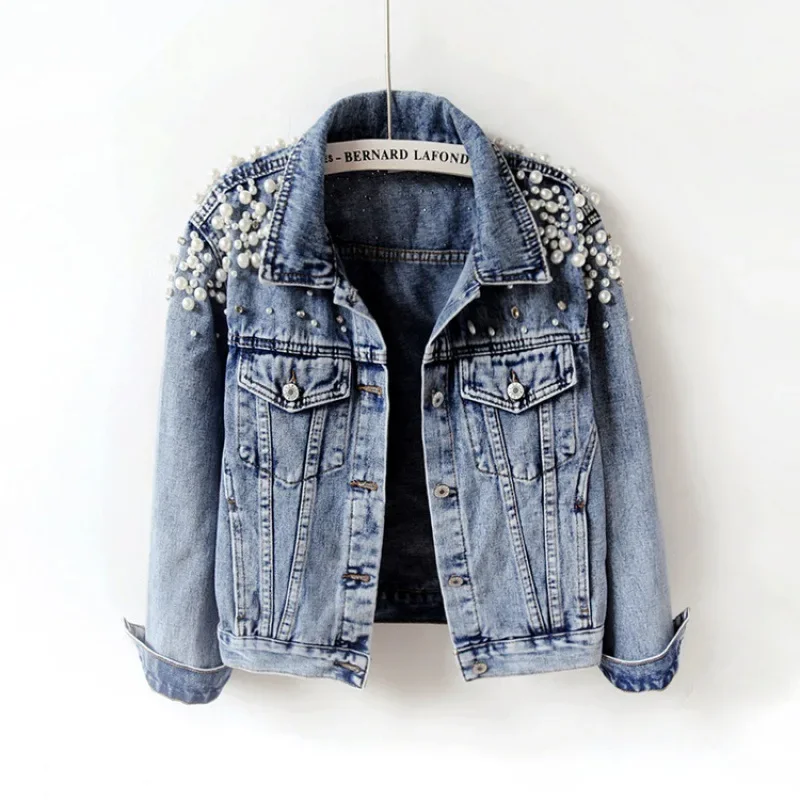 Veste de Luxe en Denim avec Perles pour Femme, Vêtement de Travail, Manteau Court, Tenue Décontractée, Tendance, 1 Pièce, Printemps