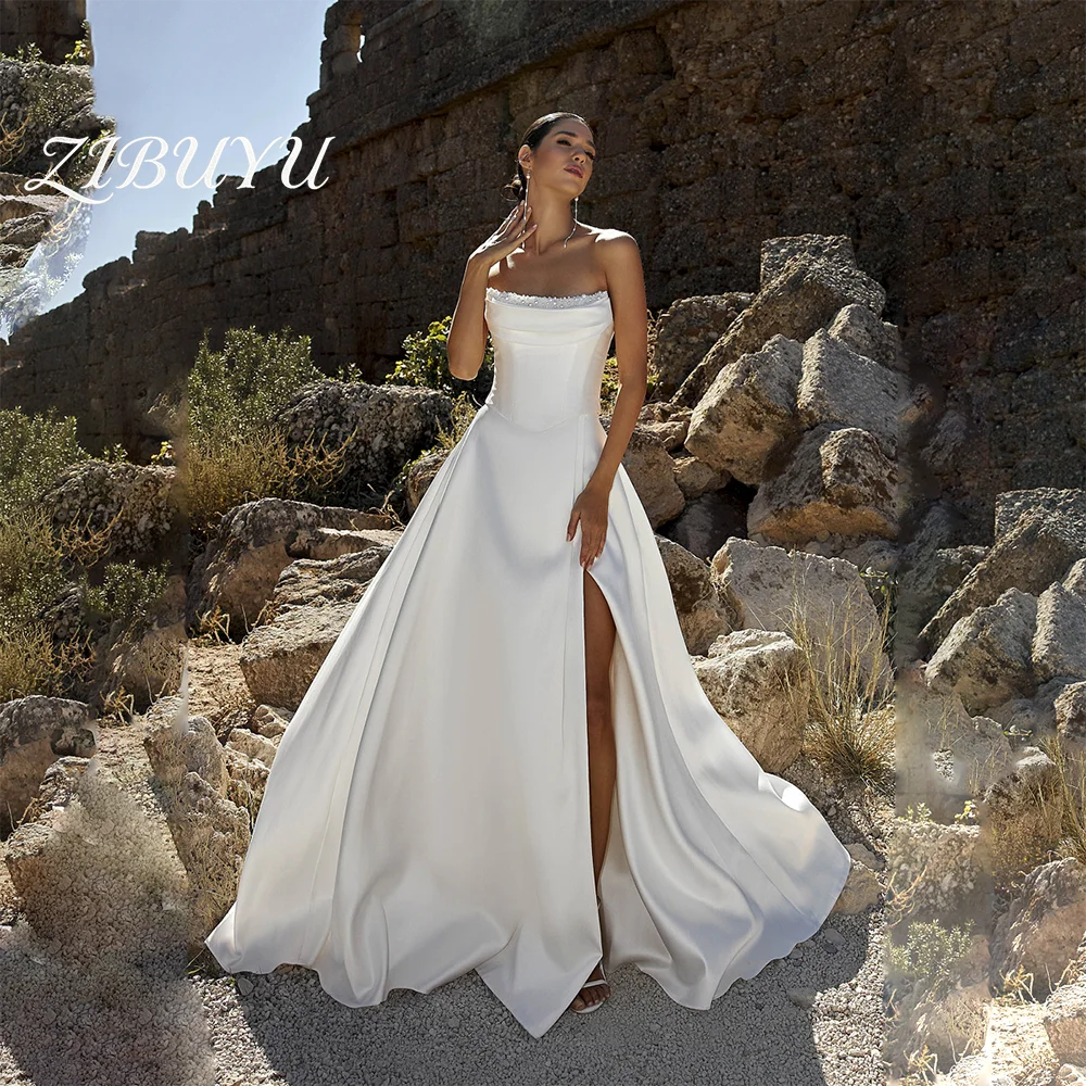 

ZIBUYU Customized Elegant Luxury Wedding Dress Sleeveless Floor Length Strapless Satin A-Line High Slit Open Back Bridal Gowns
