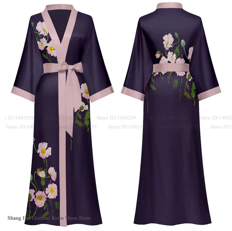 

Plus Size Women Long Robe Print Floral Kimono Bathrobe Gown Sexy Ice Silk Sleepwear Nightgown Loose Casual Home Dress Loungewear