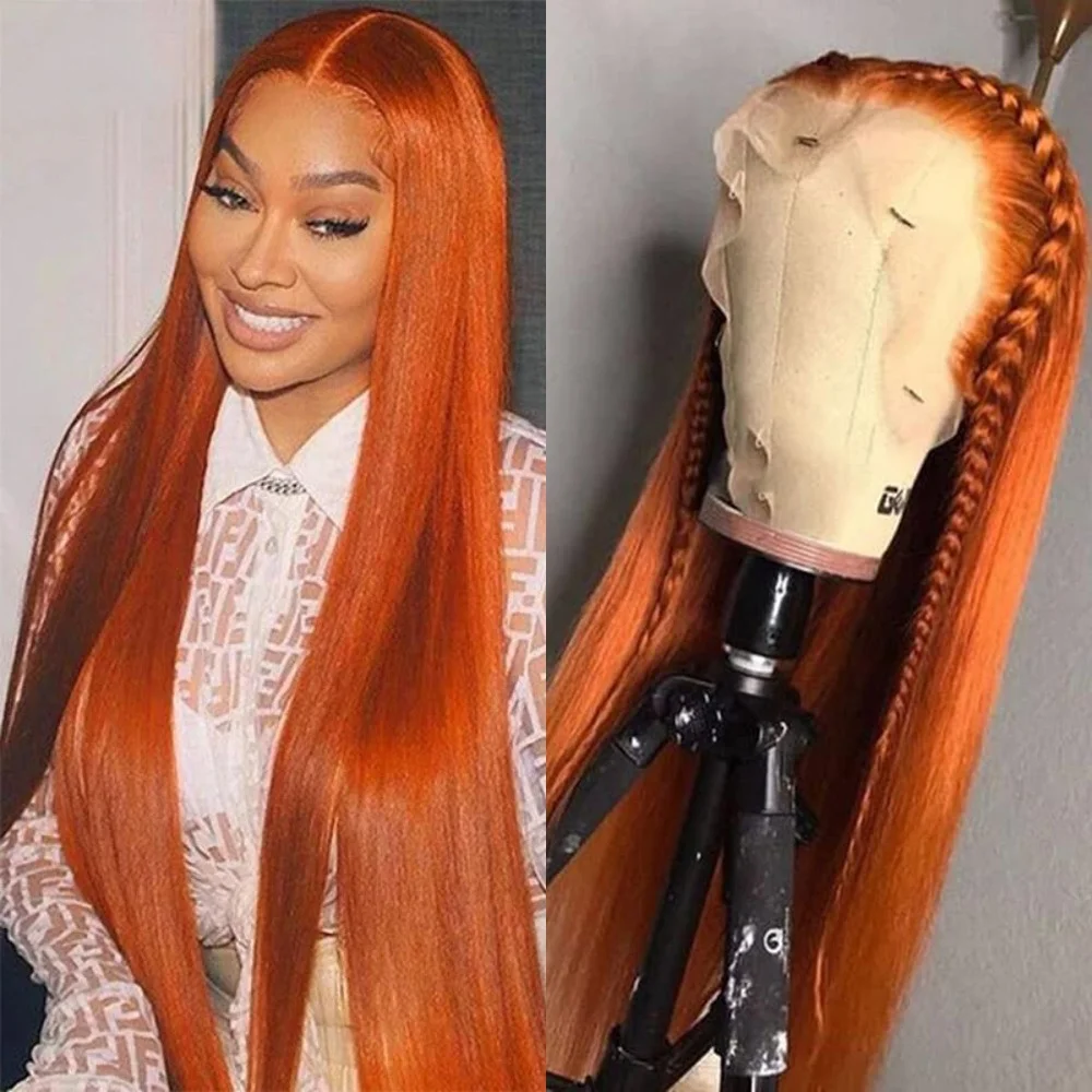 

Прямой парик из синтетического волокна цвета имбирного оранжевого с HD-кружевом, без клея, длинный, имбирного цвета, с естественной линией роста волос, для женщин, для повседневной носки и вечеринок