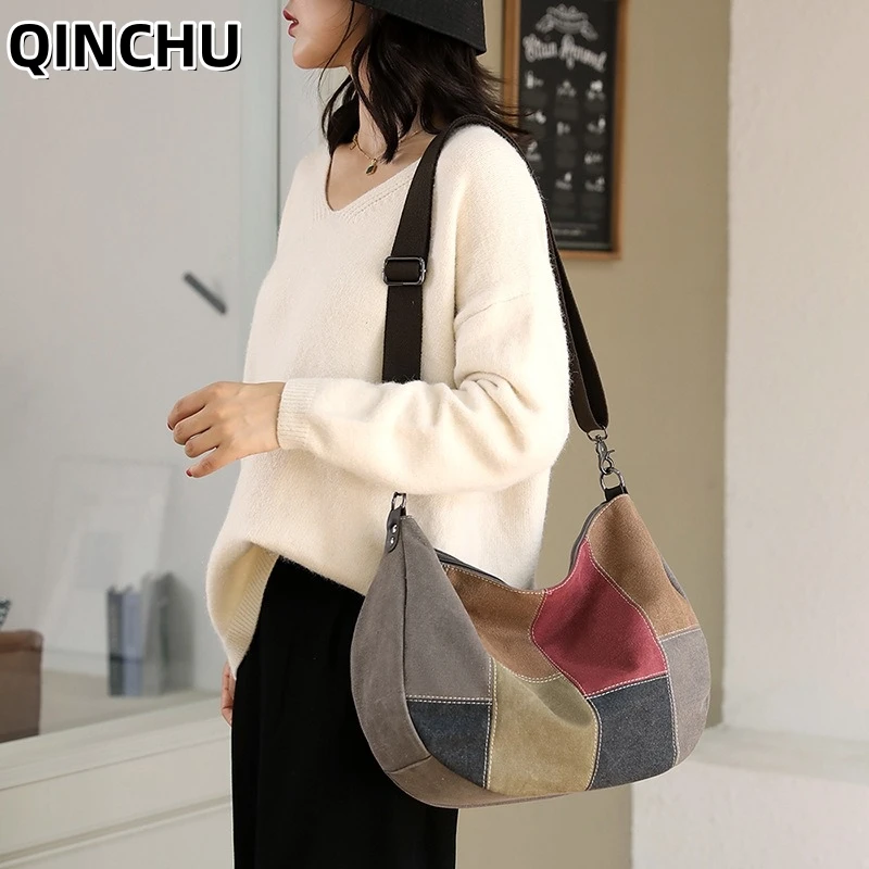 

Сумка QINCHU в стиле ретро с элементами пэчворка, модная сумка-мессенджер 2026 года, вместительная женская сумка из холста