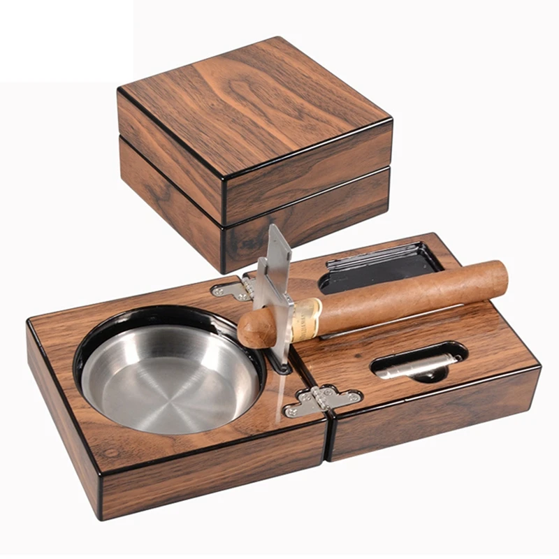 

Multifunctional Ashtray Foldable Walnut Wood Box Include Cutter Holder And Hole Opener Smoking Parts Accessories