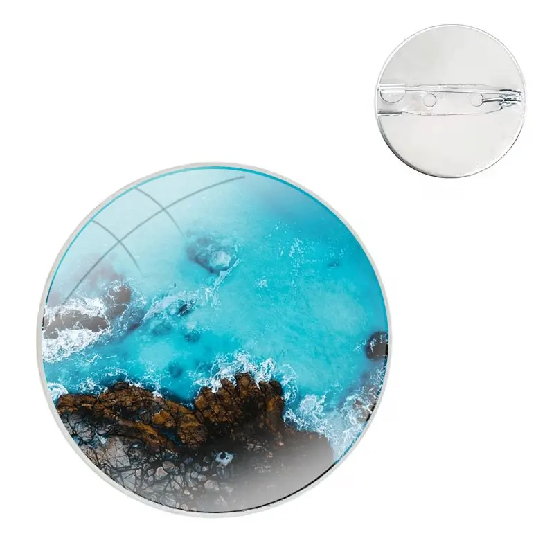 Glass Dome Brooches Shirt Lapel Bag Cute Badge Pins For Clothes Hat Accessories waves ocean water light refractions