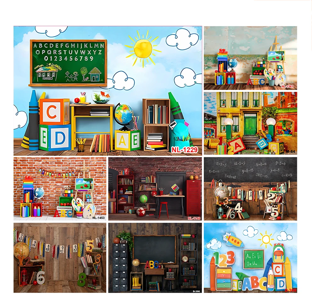 

Back To School Photography Backdrop Chalkboard Bookshelf Books Desk Student Classroom Children Graduation Photo Background Decor