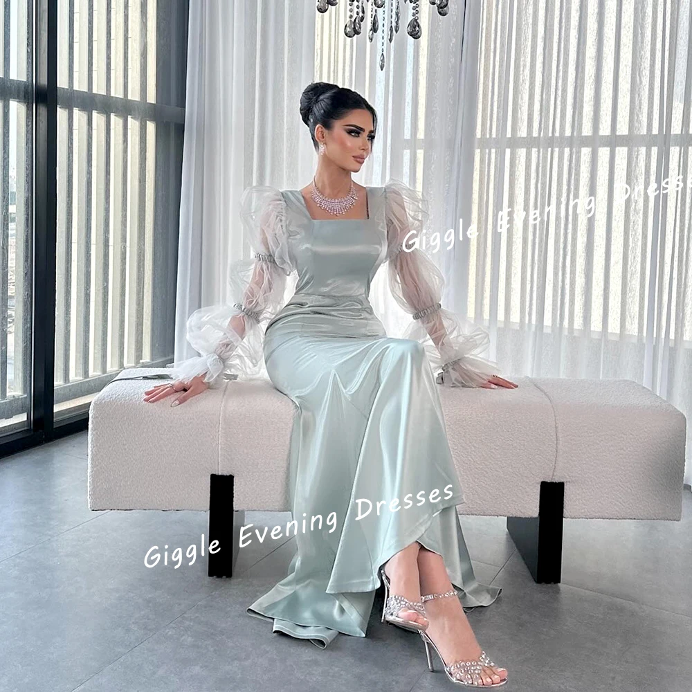 Luxury Satin Mermaid Tulle sleeve Prom Gown Saudi Arab Close-Fitting Ankle-Length Summer Elegant Women Evening Dresses 2024