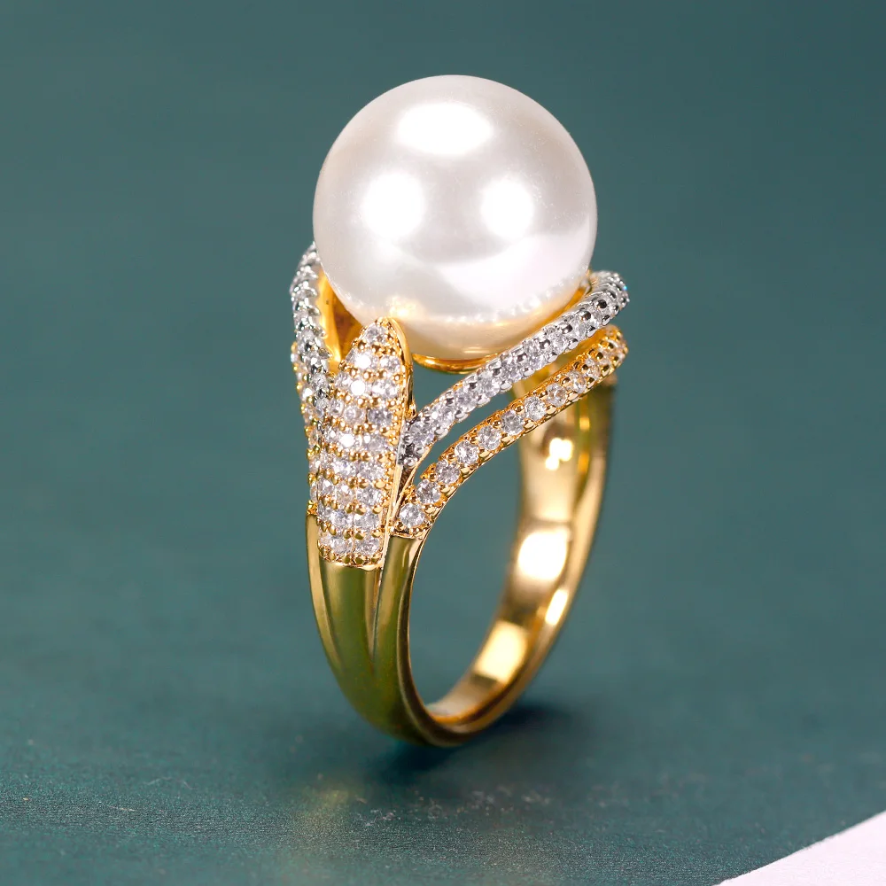 New Trendy Round Pearl Statement Rings for Women Cubic Zircon Finger Rings Beads Charm Ring Bohemian Beach Jewelry Gifts