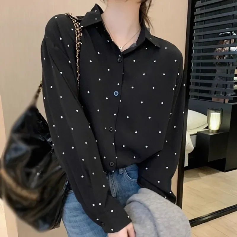 Women\'s V-neck Polka Dot Long Sleeve Elegant Shirt Retro Lapel Loose Long Sleeve Fashion Single-Breasted Blouse Shirt