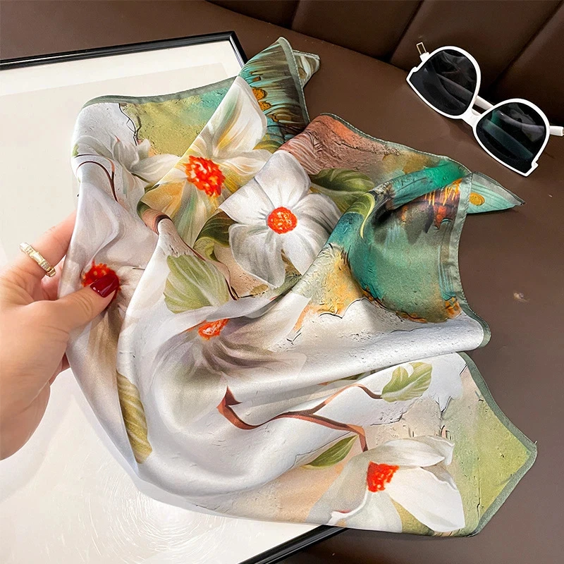 

100% Silk Bandana Foulard Femme Green Oil Painting Floral Head Hair Scarves Women Designer Square Neckerchief