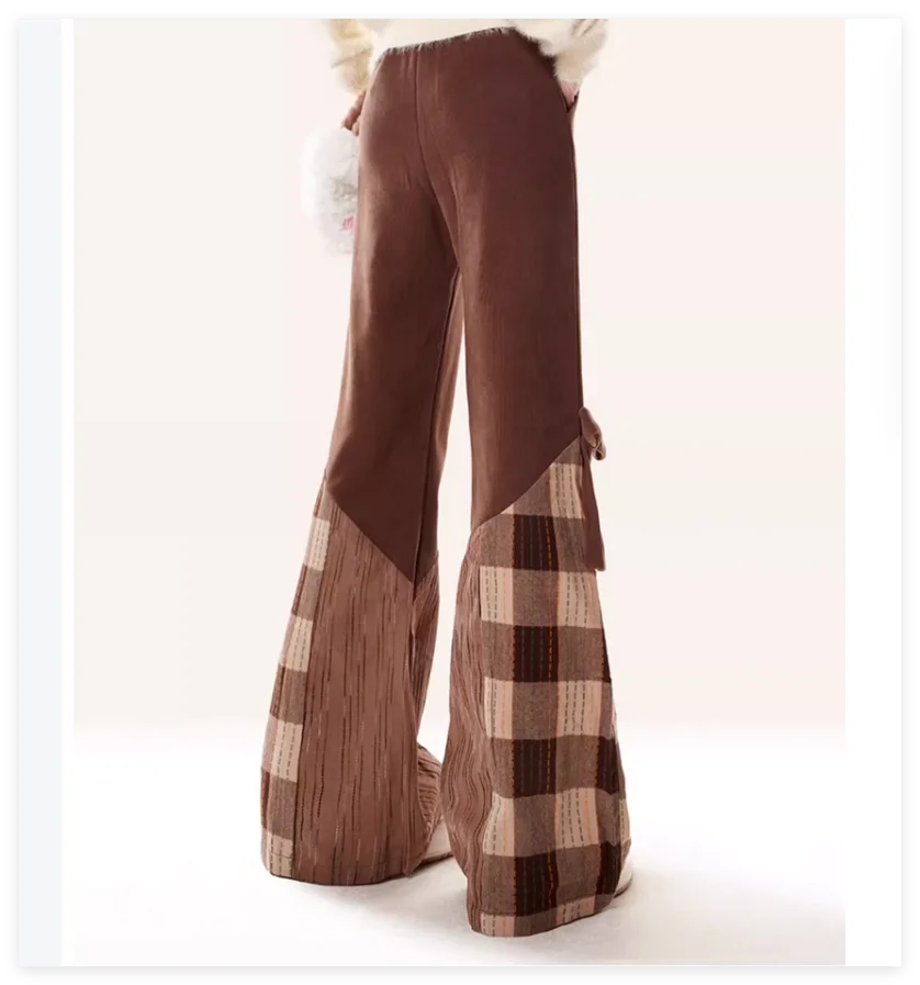 Autumn and winter coffee colored checkered splicing micro horn casual slimming sweatpants