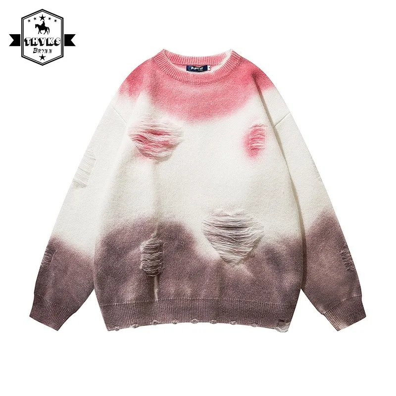 

Autumn Harajuku Knitted Sweaters Men Hip Hop Loose Pullover Tie Dyed Gradient Perforated Love Streetwear Knitwear Men Clothing