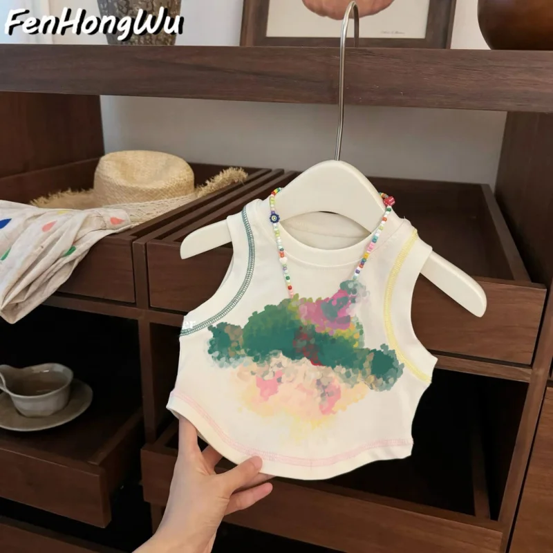 

Girls' Vest Set Korean Style Baby Vacation Cartoon Sleeveless Little Raindrop Straight Pants Set