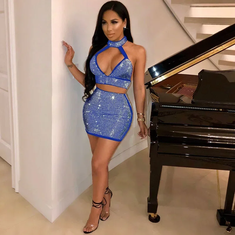 Sparkly Rhinestones Party Club Birthday Outfits for Women Two Piece Set Halter V-neck Crop Top and Mini Skirt Matching Sets