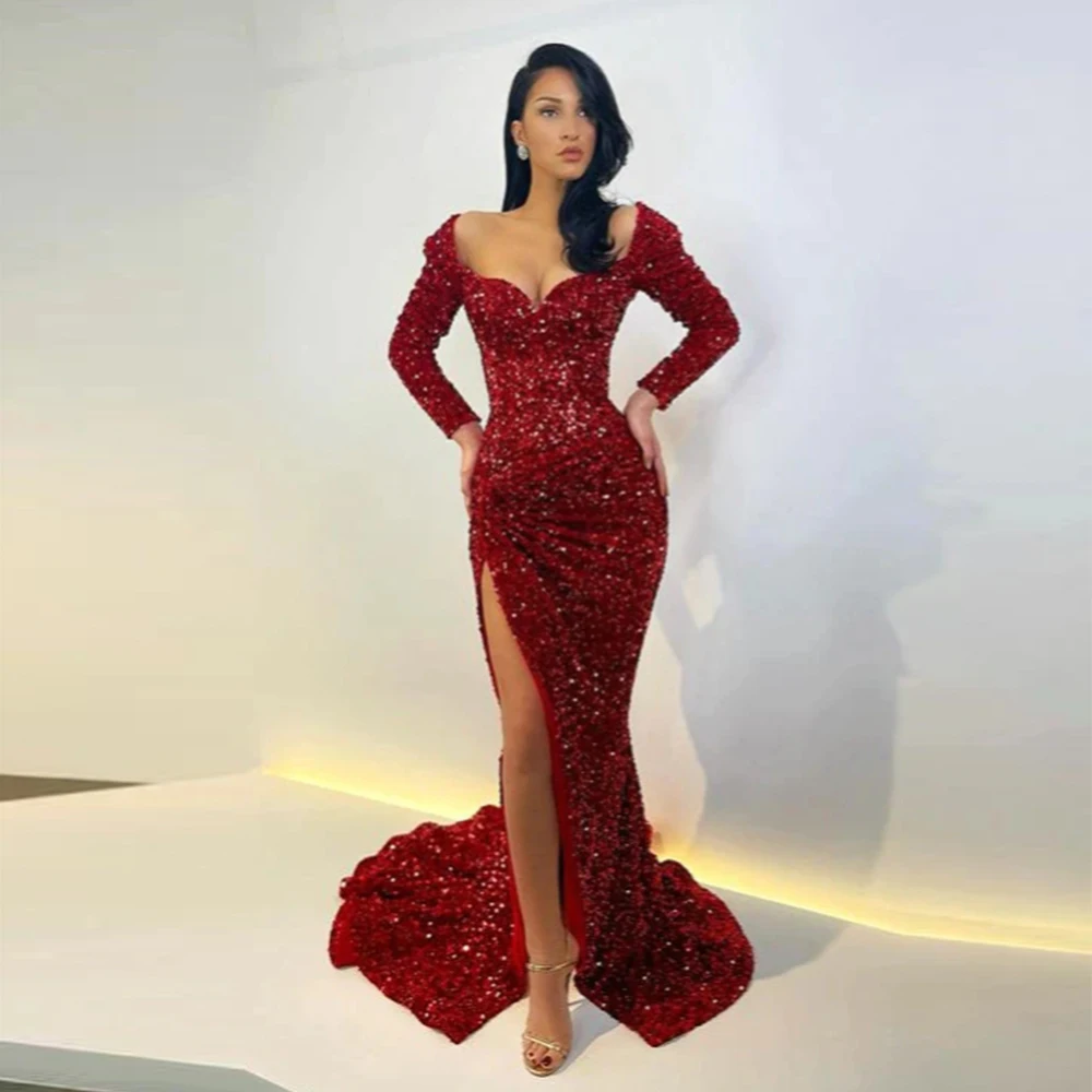 Sexy Backless Evening Dresses For Women Sparkling Beading Fashion Mermaid Off Shoulder Long Sleeved High Slit Prom Gowns 2024