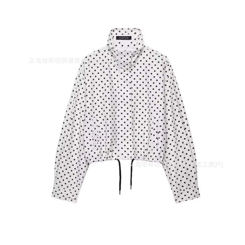 

2026 New Women's Clothing Stand Collar Polka Dot Women's Jackets Bottom Drawstring Design Long Sleeve Zippers Top Plus Size Coat