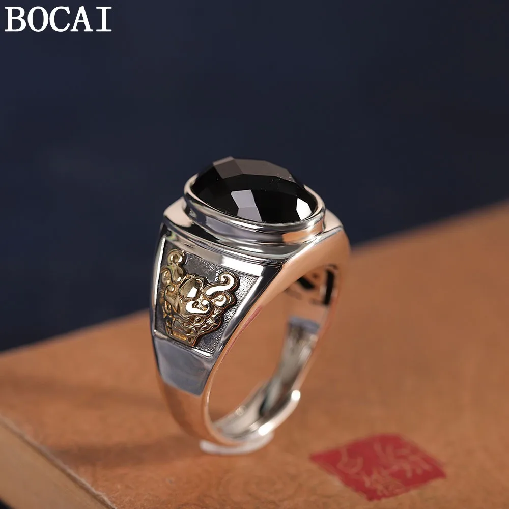 

Новое кольцо BOCAI из стерлингового серебра S925 с винтажным художественным дизайном и черным агатом, унисекс, подарок для мужчин и женщин