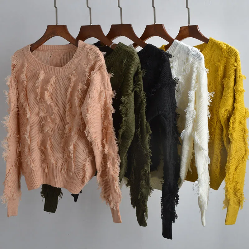 

Trendy Knitted Long Sleeve Soft Sweater Loose Fit Autumn Winter Outerwear Lazy Style Fringe Design Sweet Style round Neck Top