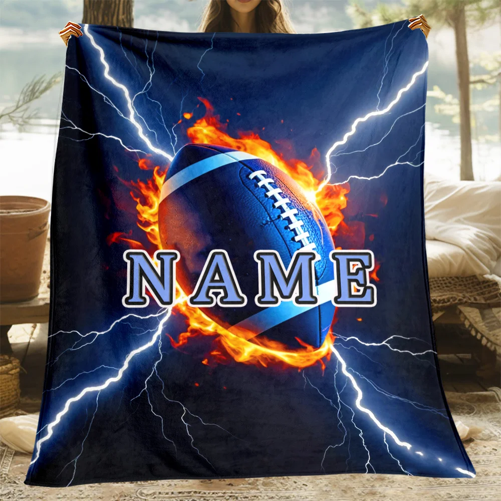 Custom name blue lightning rugby fleece blanket, suitable for sofa, bed, birthday, children, boys, friends, gifts