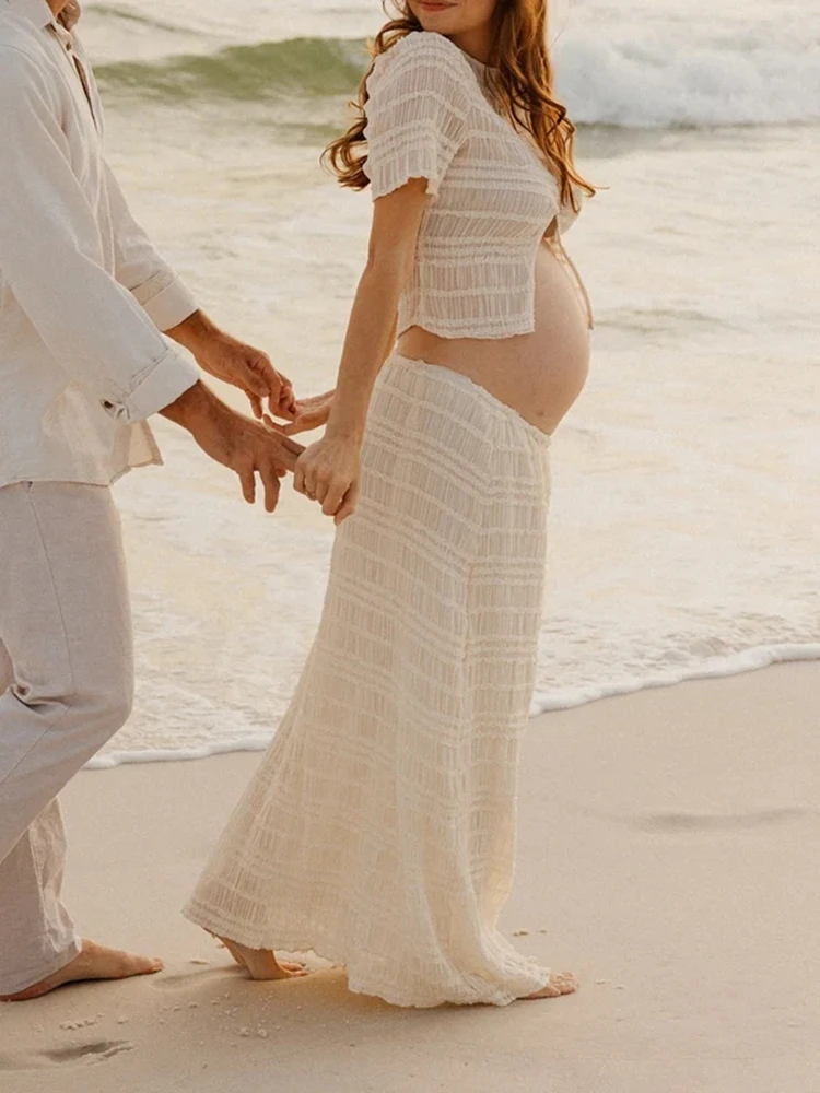 Maternity Photoshoot Outfit Crop Top Skirt Set White Pregnancy Photo Clothes Outdoor Beach Natural Pregnancy Photo Costume view 5