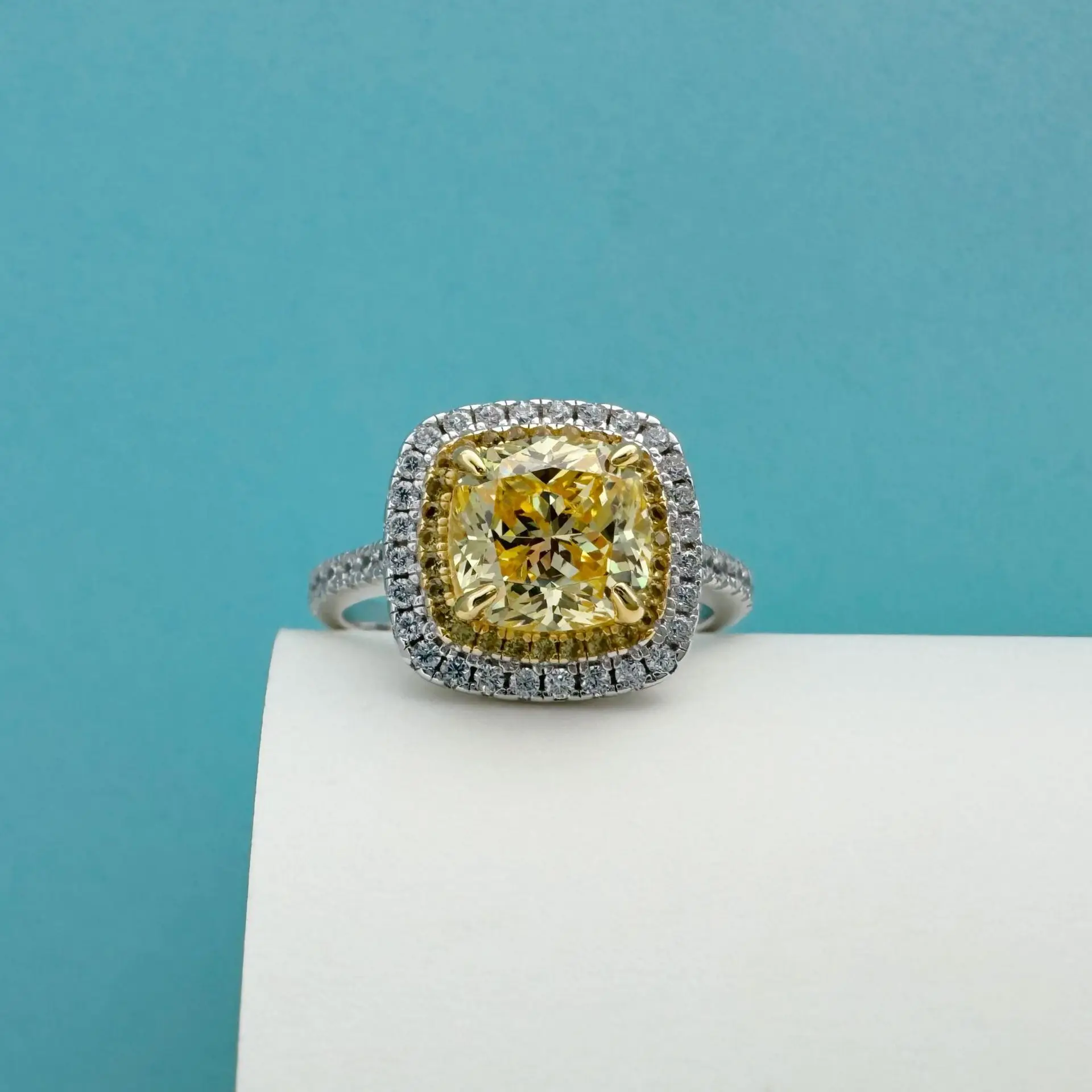 Micro-Pave Double Circle Yellow Diamond 2.5ct Moissanite Ring PT950 Platinum Women-Unique Design, Bright Yellow, Luxury Platinum