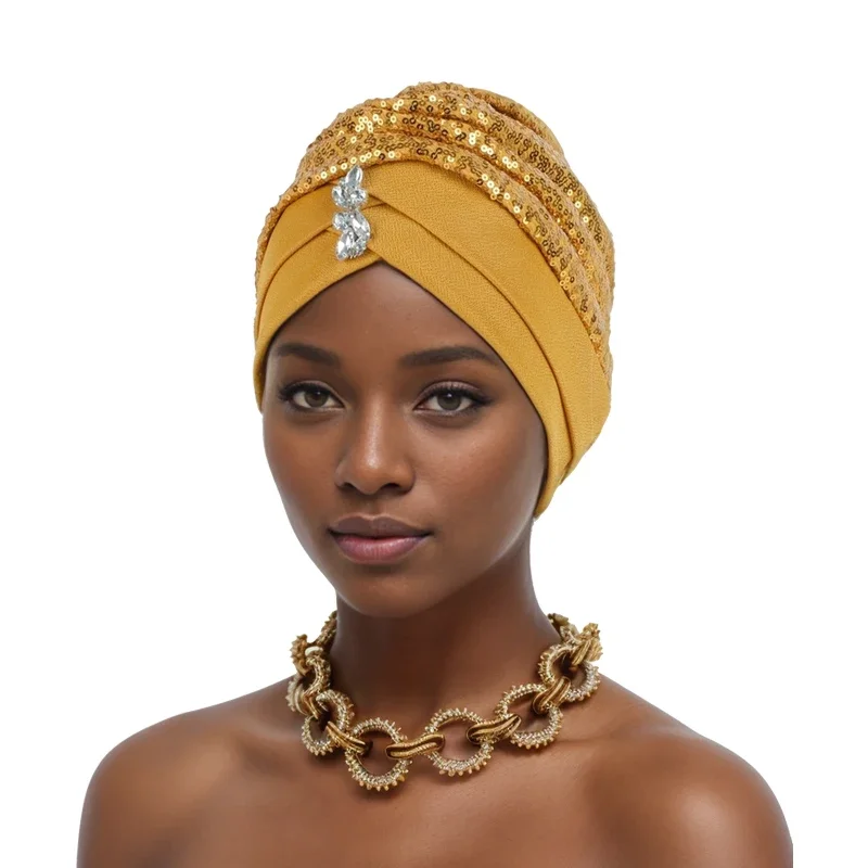 Cross Forehead Wrap Head Bonnet Muslim Headscarf Cap Lady Headwrap Hat Turbante Mujer Sequins Turban Cap for Women