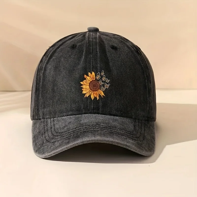 1pc Retro Washed Butterfly & Sunflower Print Baseball Caps for Women Men,Korean Style Classis Distressed Sun Hats for Daily Wear