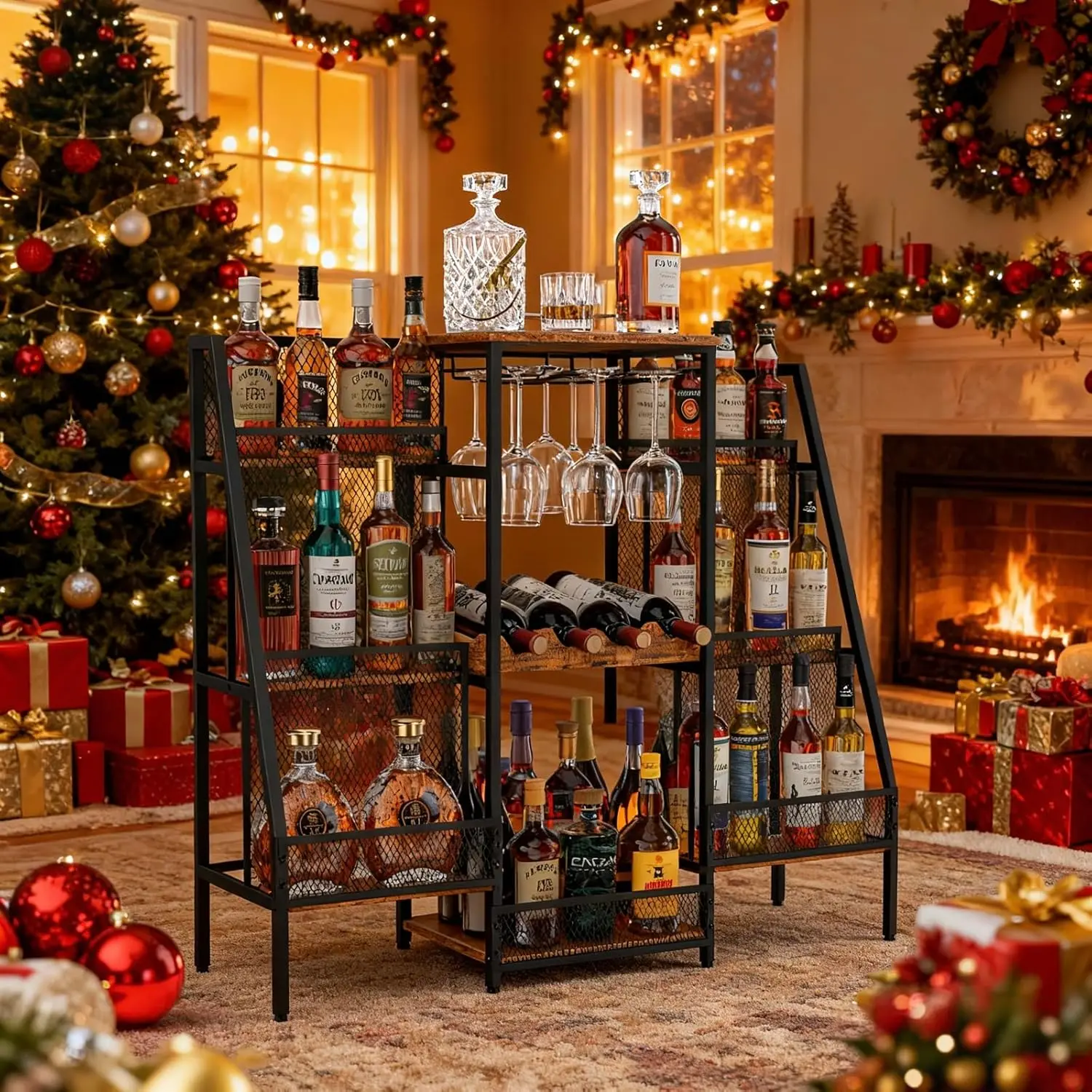 

Large Bar Cabinet with 6-Tier Wine Rack, Glass Holders & Fences for Home Liquor Storage and Parties