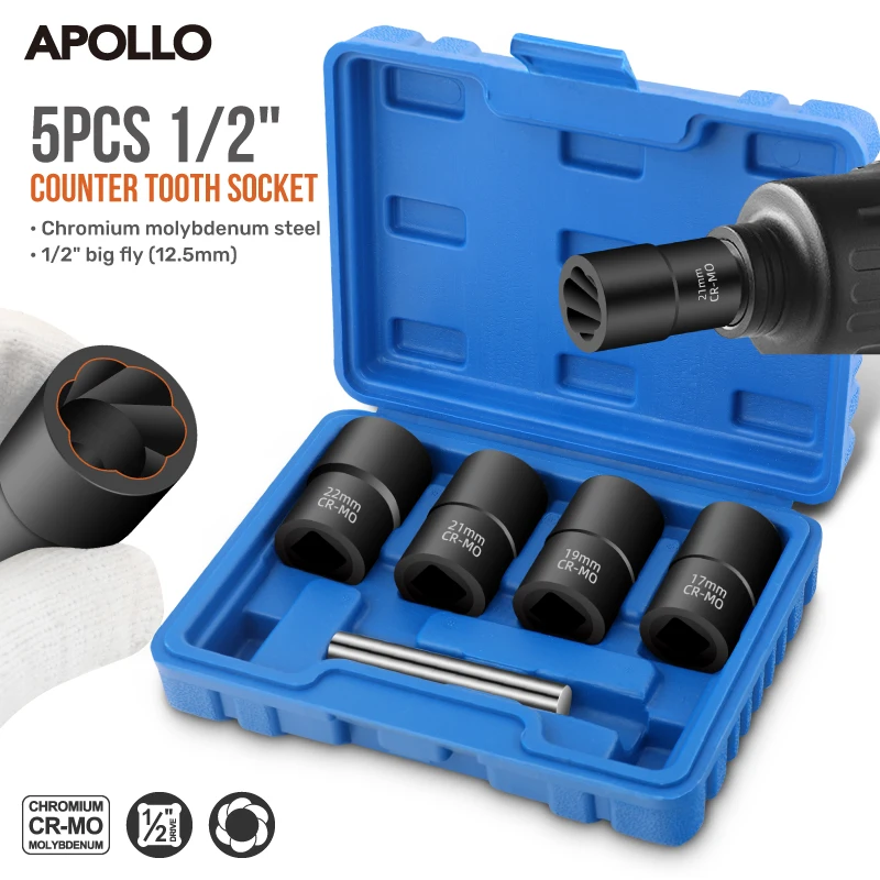 

Apollo 5Pcs 1/2" Drive Impact Socket Wrench Set, Reverse Thread Cr-V Steel Sockets with Heavy-Duty Blue Case for Mechanic Tools