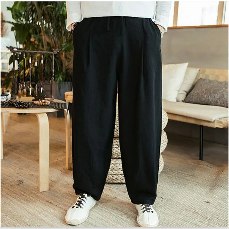 Large Size 6XL 7XL Men\'s Wide Leg Pants Cotton Linen Loose Harem Pants Summer Trousers Male Loose Pants Drawstring men clothing