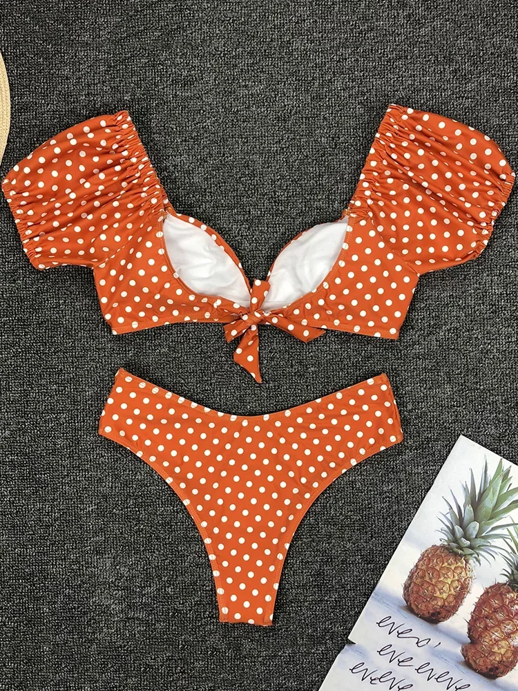 Sexy V Neck Short Sleeve Polka Dot Bikini Female Swimsuit Women Swimwear Two-pieces Bikini set Bather Bathing Suit Swim Lady