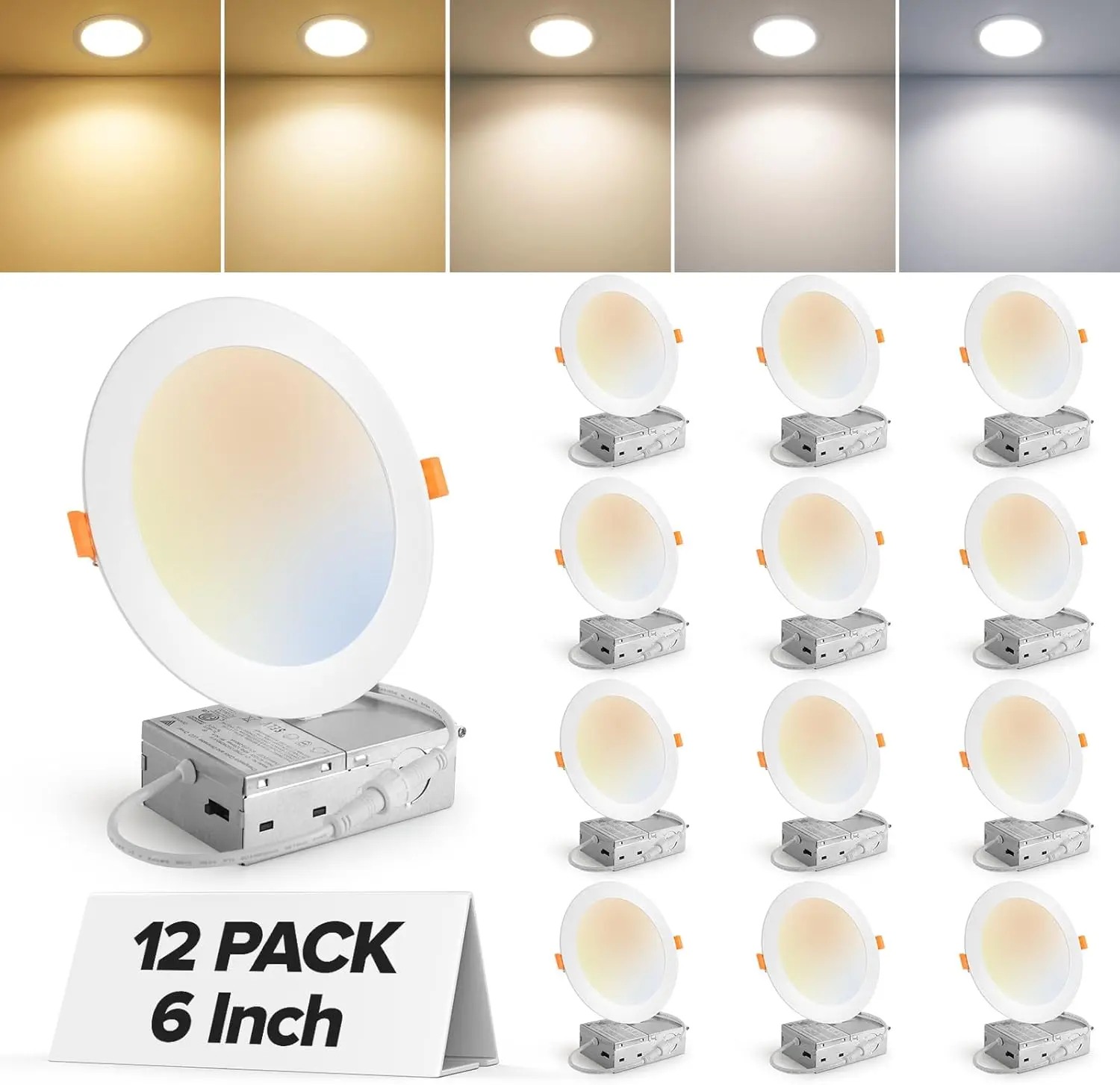 

12 Pack 6' LED Canless Downlight, 2700K-5000K Adjustable, 1050LM, Dimmable, 12W, ETL Listed