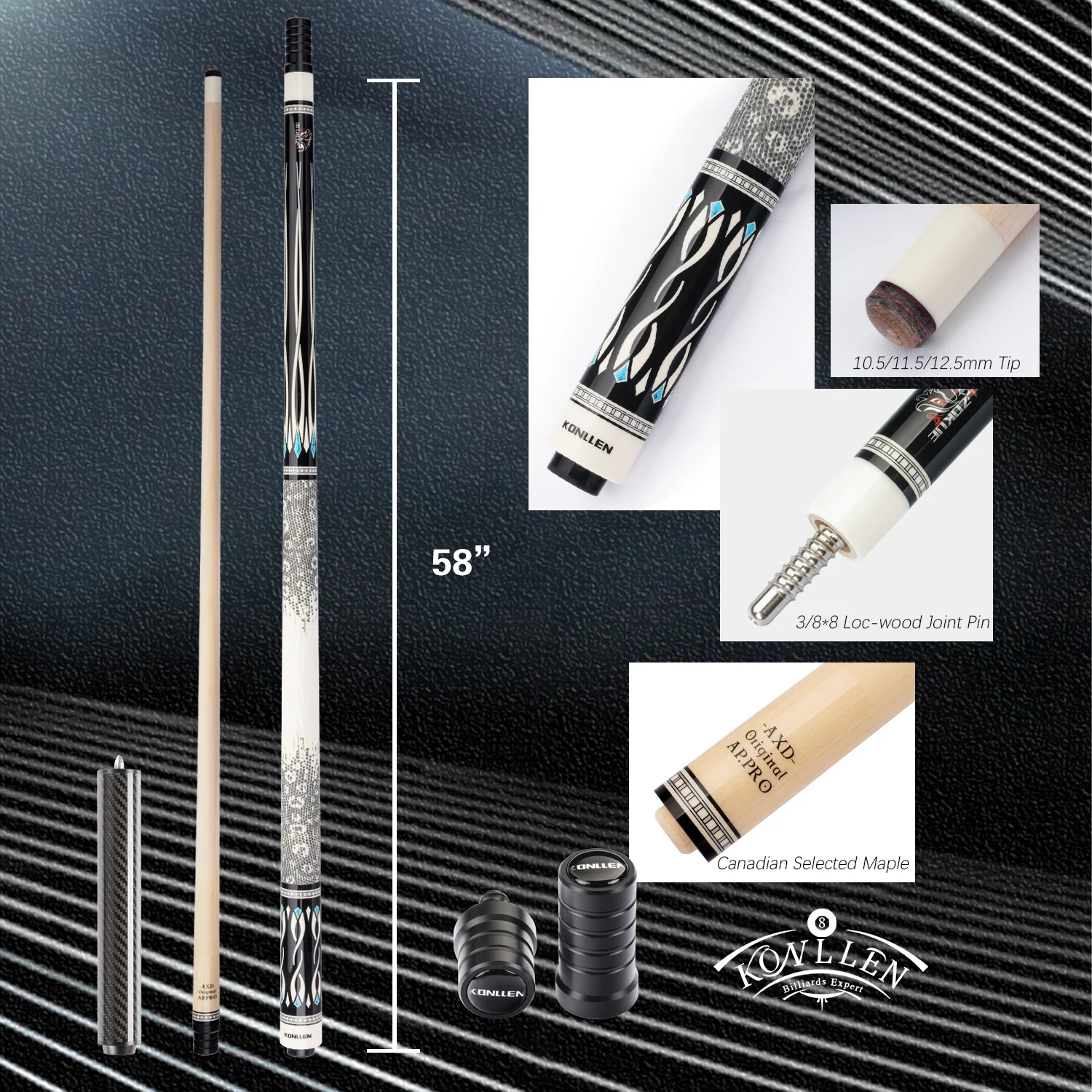 NEW Arrival Cue KONLLEN Pool Cue 10.5/11.5/12.5mm Tip Size Maple Shaft XTC Ferrule Leather Grip Stick