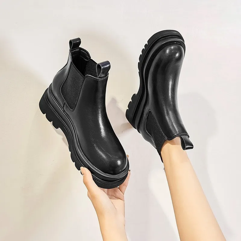 

New Autumn Winter Chelsea Boots Botas De Mujer Thick-soled Ankle Boots Women's Pu Leather Short Chunky Punk Gothic Women's Shoes