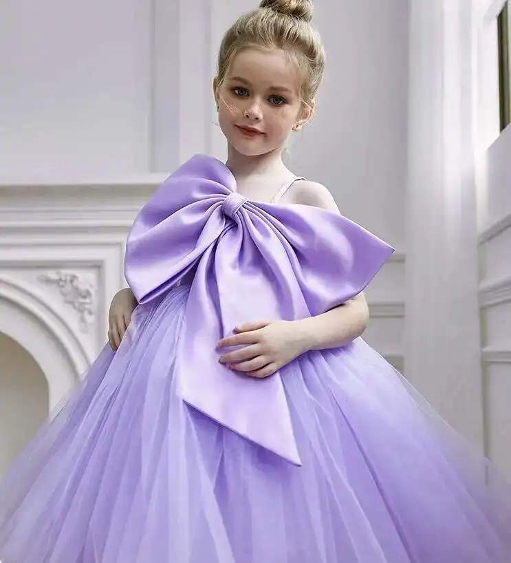 

New Baby Girls Purple Bow Party Mesh Dress, Princess Kids Sweet Wer Clothing 3-7T
